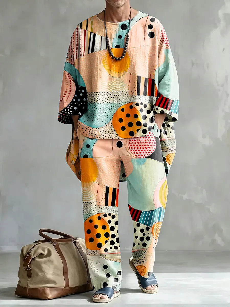 Men's Abstract Art Print Casual Comfort Crew Neck Top And Pants Two-piece Set